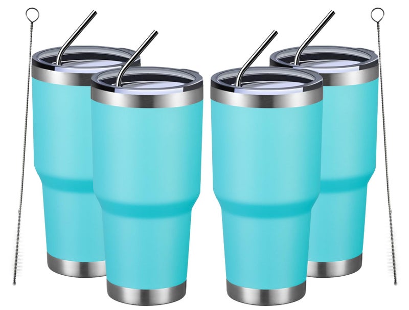 MEWAY 30oz Insulated Tumbler With Lids and Straws,Stainless Steel Double Vacuum Coffee Tumbler Cup, Brush, Durable Powder Coated Coffee Cup for Cold & Hot Drinks, Office, Travel(Light Blue,4 PACK) - Image 1